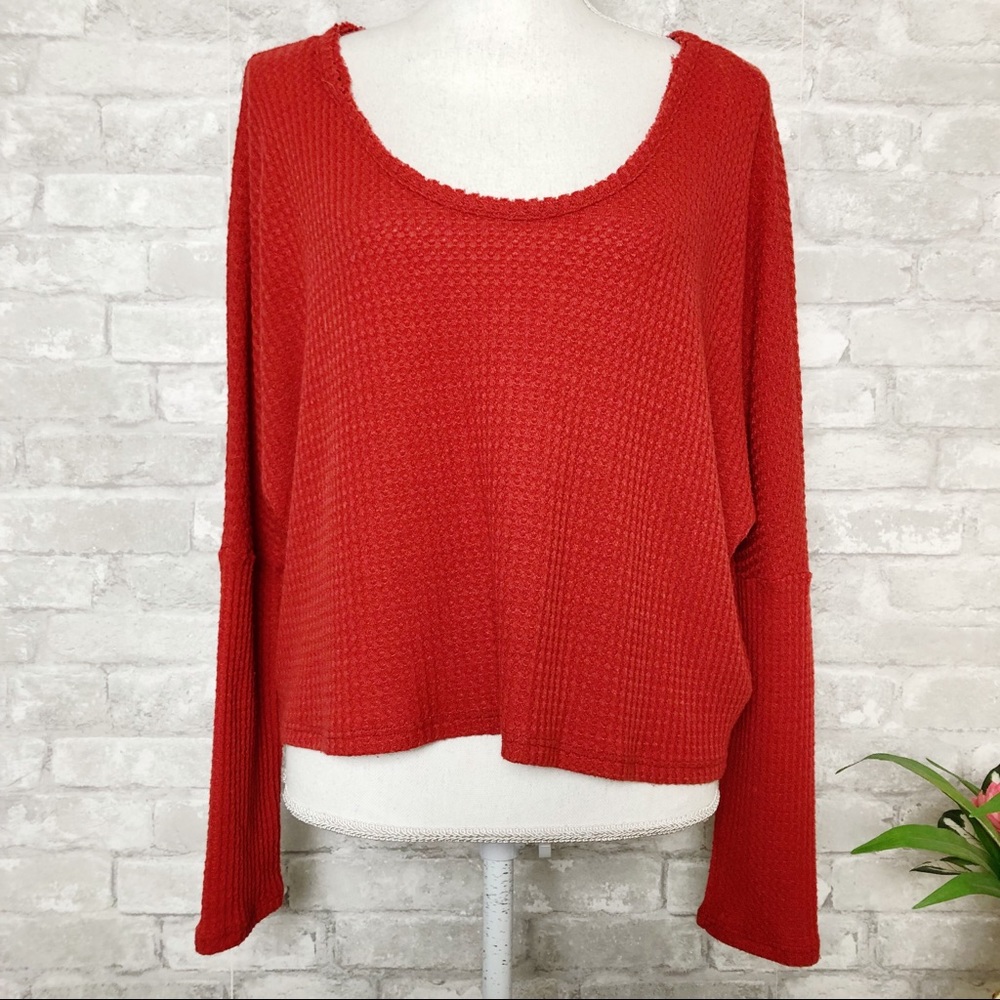 SADIE & SAGE Boho Waffle Knit Dolman Crop Sweater top in Rust Orange Small